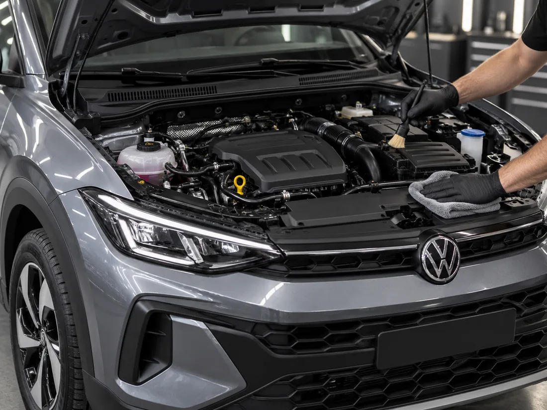 Imagem ilustrativa da limpeza cuidadosa do motor de um carro compacto
